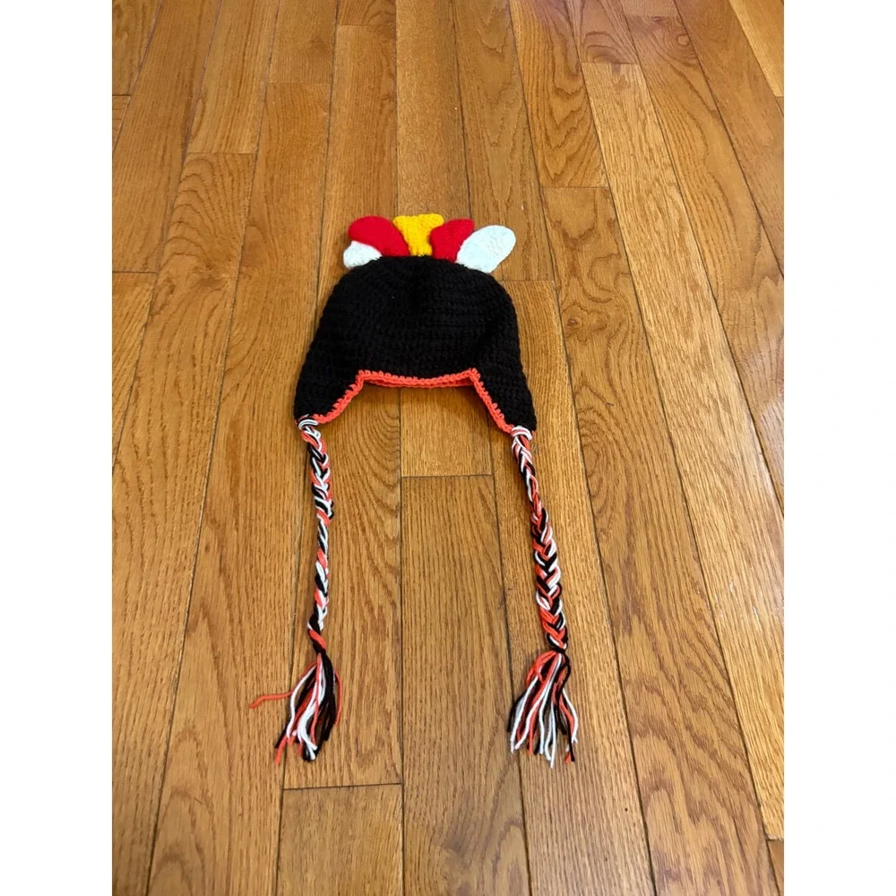 Handmade Crochet Turkey Beanie Kids Thanksgiving Knit Earflap Hat Brown Novelty